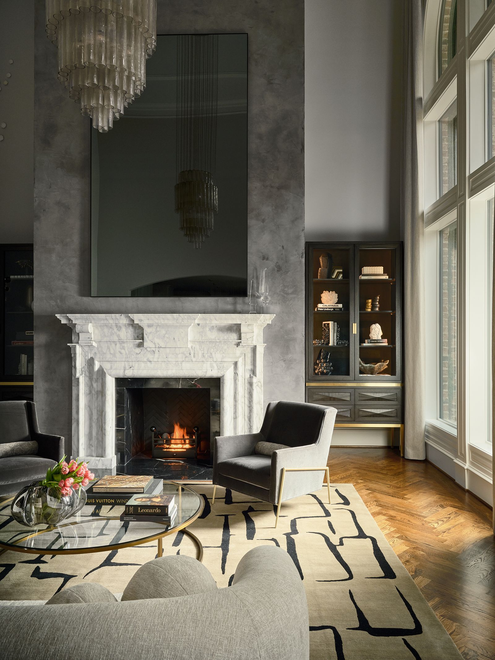 Elegant wallpapered room with architectural detail