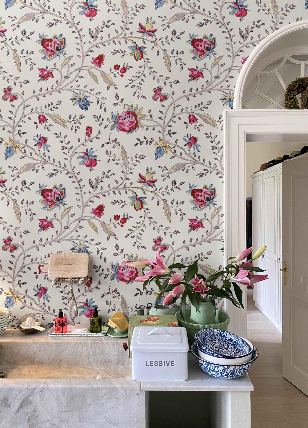 Floral wallcovering in a residential entry interior