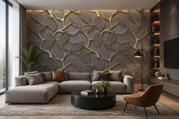 Gold botanical wallcovering in a refined interior